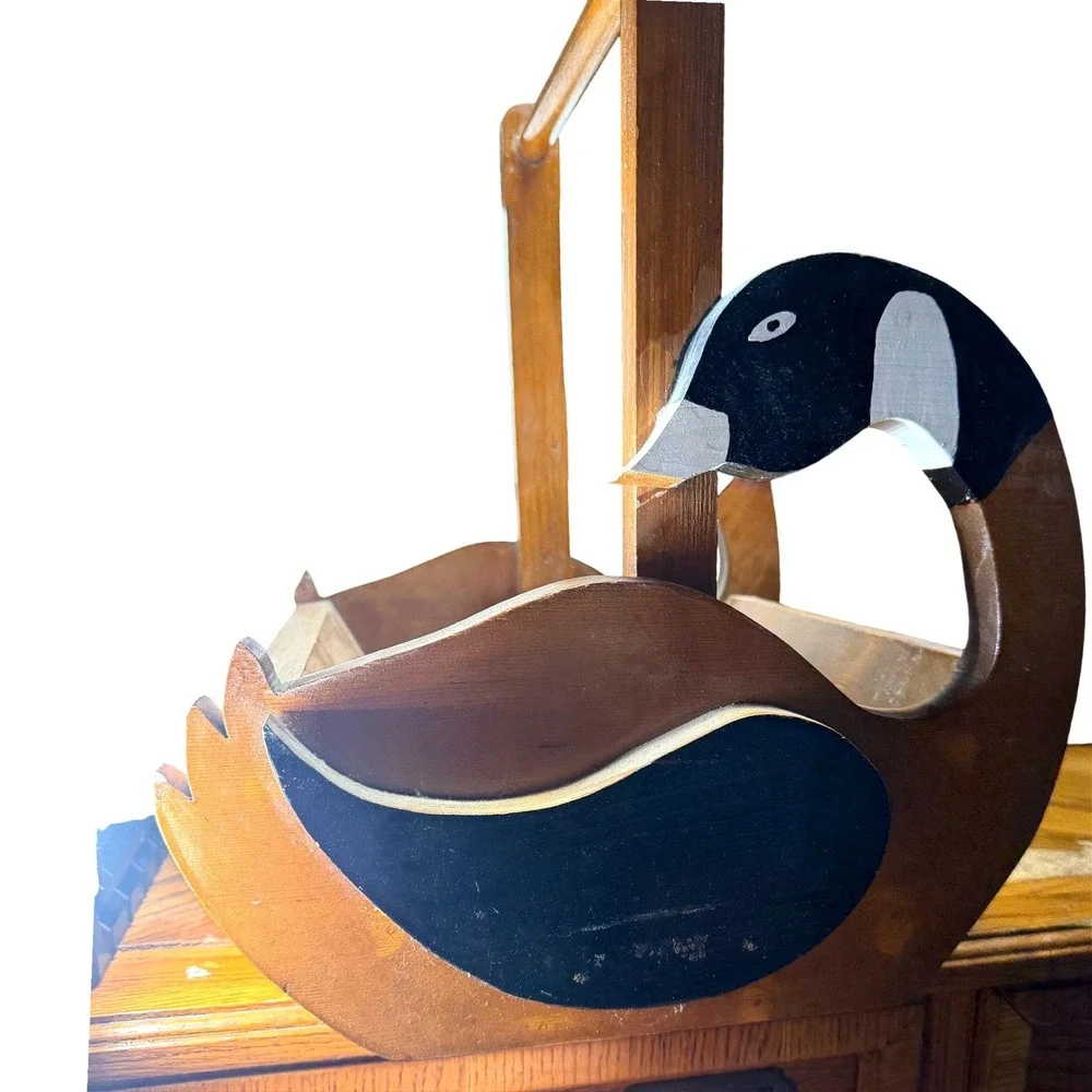 Vintage Wooden Canada Goose Basket Hand Painted Folk Art Decorative Caddy Handle